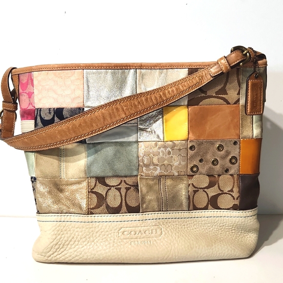 Coach Patchwork Leather Suede Canvas Signature Large Bucket Shoulder Bag - Picture 13 of 13